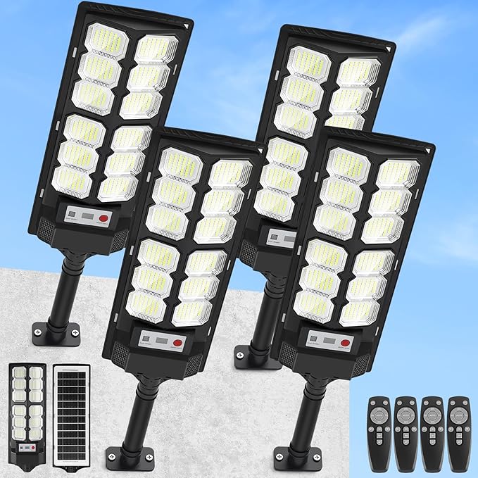 4 Pack 13000LM Solar Street Lights 6500K Waterproof Motion Sensor Security Flood Lights
