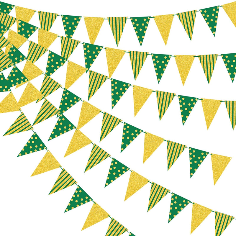 Green Gold Party Decorations, Hanging Glitter Paper Triangle Flag Penn