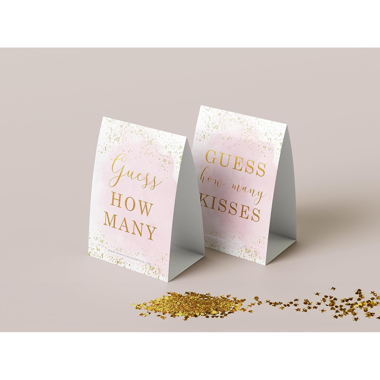 Pink And Gold How Many Kisses Game Sign - Guess How Many - Perfect For Bridal Showers And Weddings - 1 Self-Standing Sign And 50 Guessing Cards