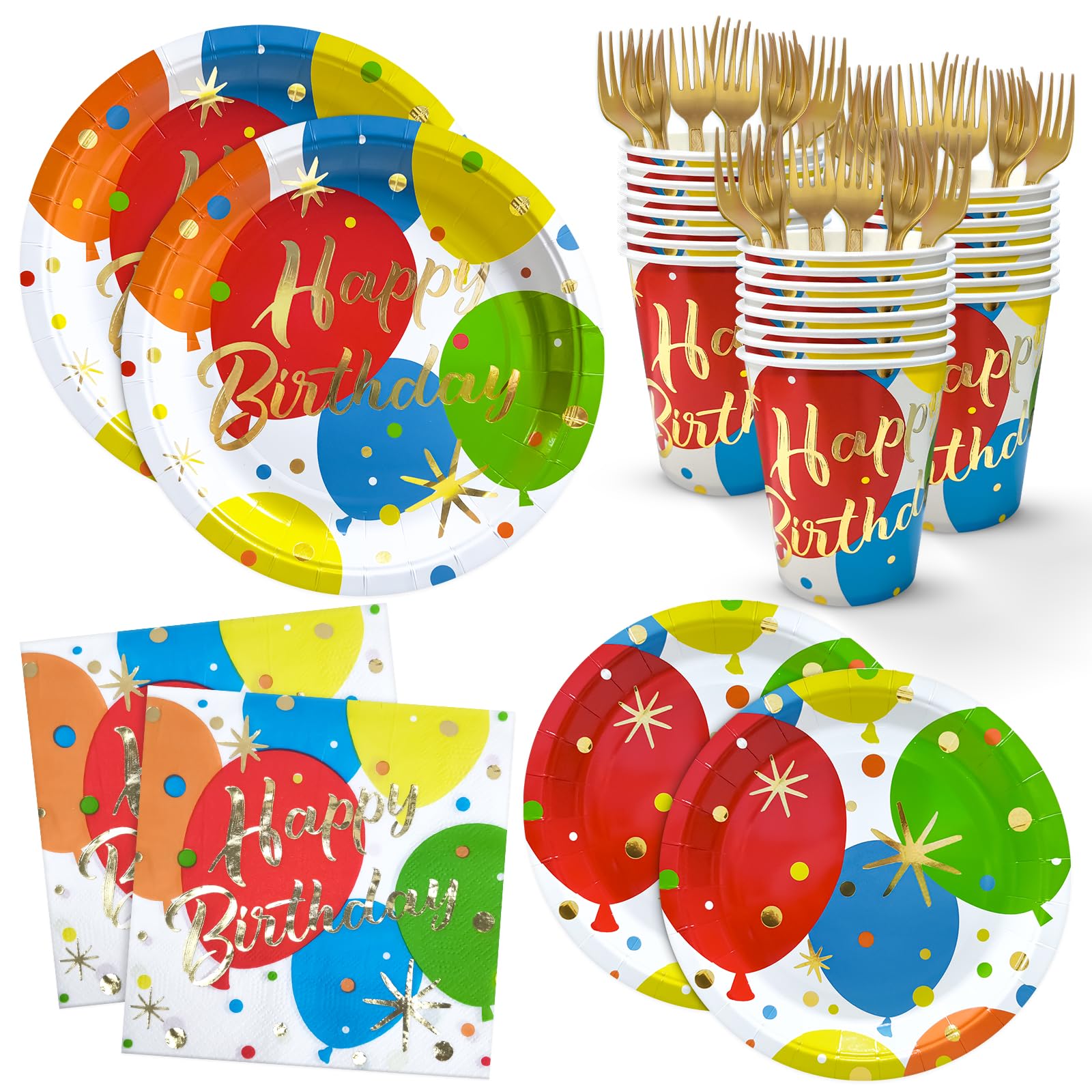 Balloon Birthday Paper Plates Napkins and Cups, Foks Gold Foil Happy Birthday Disposable Party Dinnerware Decorations Serve 24