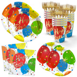 Balloon Birthday Paper Plates Napkins and Cups, Foks Gold Foil Happy Birthday Disposable Party Dinnerware Decorations Serve 24