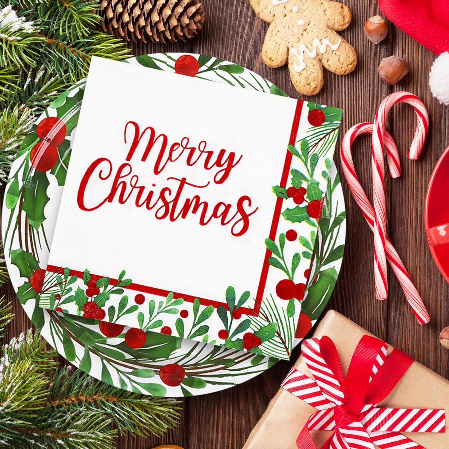 75Pcs Christmas Plates Napkins Watercolor Tableware Set Merry Christmas Disposable Paper Plates Napkins Plants Xmas Dinnerware For Holiday Party Table Supplies