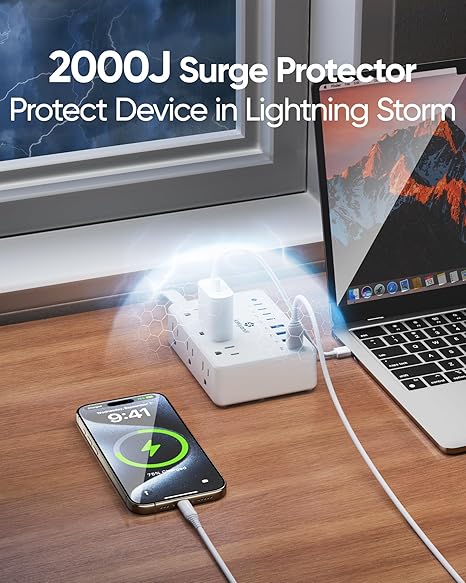 100W Charging Station Power Strip 6 Outlets 8 USB Ports Fast Charging 5FT Flat Plug Extension Cord White