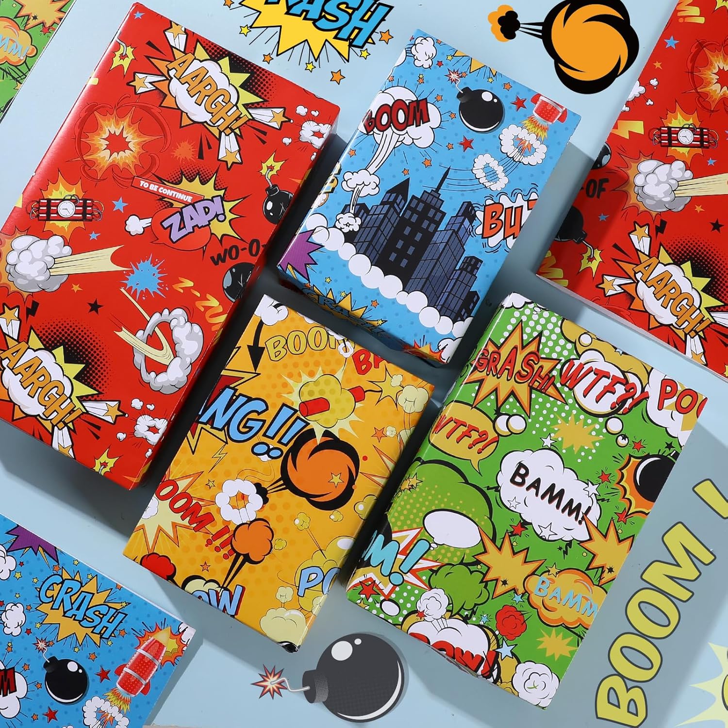 Comic Birthday Wrapping Paper, 19.7'' × 27.6'', 12 Sheets Comic Gift Wrap Colorful Cartoon Print Wrapping Paper With Pow Designs For Kids Birthday Holiday Party Supplies