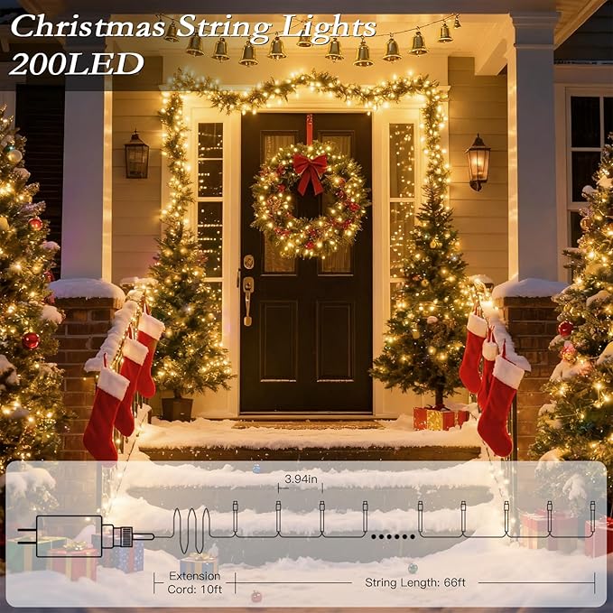 66FT Warm White LED String Lights 200 LEDs with Timer and 8 Modes – Indoor/Outdoor Fairy Lights