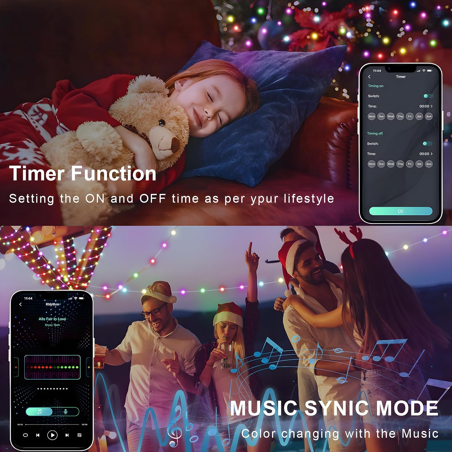 String Lights Indoor 16.4Ft 33Leds, Smart Rgb Fairy Twinkle Christmas Lights With Music Sync, Rf Remote, App Control, Mu