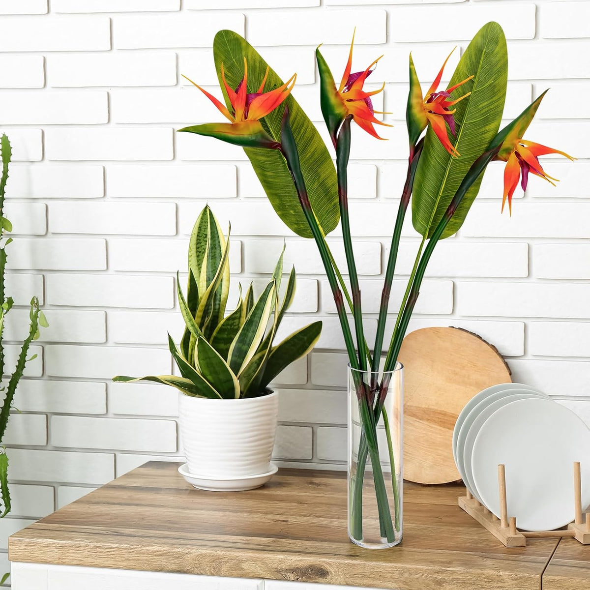 Artificial Bird Of Paradise Flowers Real Touch 31.5'In Long Stem Flower 4 Pcs, With Bird Of Paradise Leaves 33.5'In Long Stem Greenery Plants 2 Pcs,For Home Garden Wedding Party Decor (Orange 6 Stems)