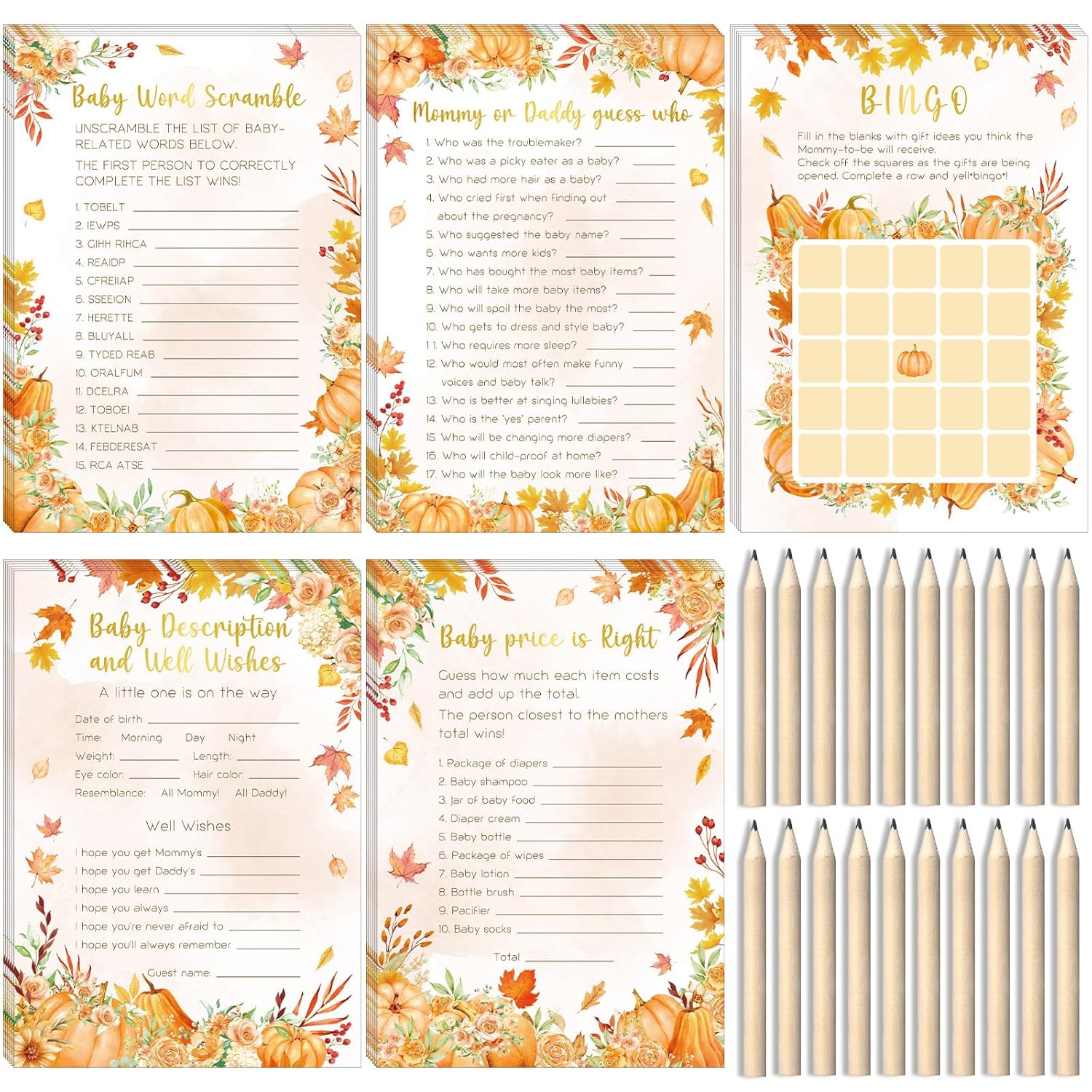 145Pcs Fall Pumpkin Baby Shower Games 5 Set Game Activity Cards With 20 Pencils For Boy Girl, Description And Wishes, Baby Price, Word Scramble Game Pumpkin Decor