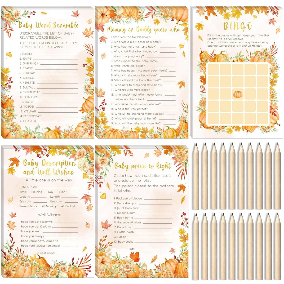 145Pcs Fall Pumpkin Baby Shower Games 5 Set Game Activity Cards With 20 Pencils For Boy Girl, Description And Wishes, Baby Price, Word Scramble Game Pumpkin Decor