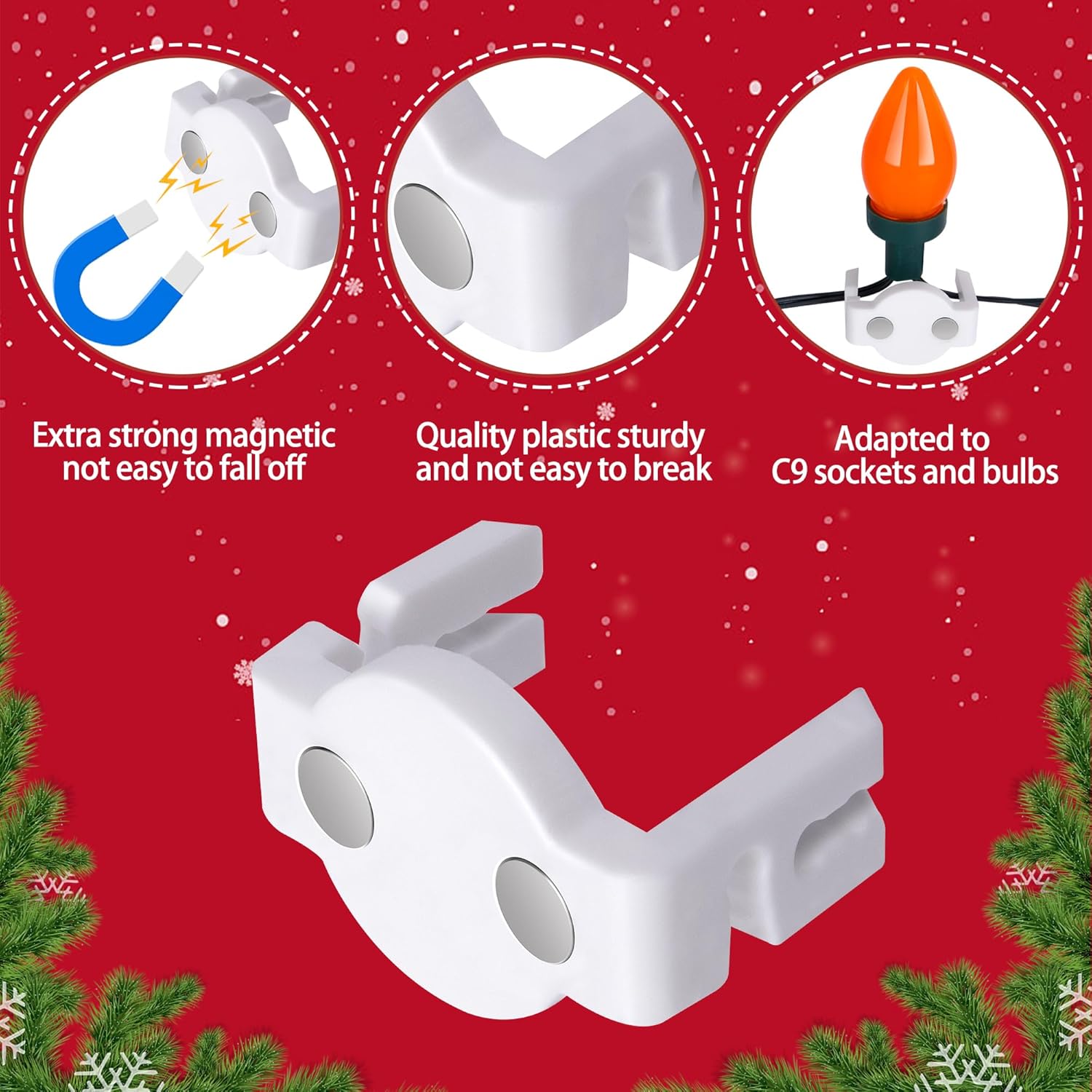 Extra Strong Magnetic Christmas Light Clips- Magnetic Light Clips For C9 Socket- Magnetic Sockets Light Clips Hooks For String Light Outdoor Patio Lighting (60 Pcs, White)