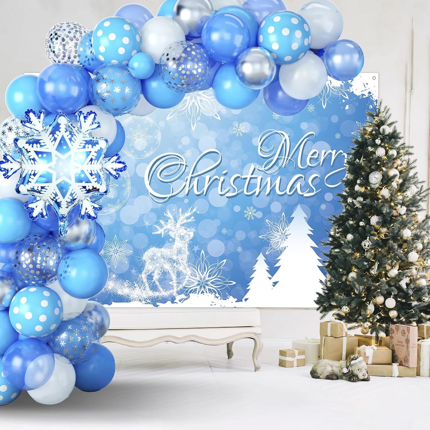 Christmas Snowflake Balloon Garland Arch Kit With Snow Backdrop Banner Pearl Blue White Metallic Silver Latex Balloons Polt Dot Snowflake Confetti Winter Xmas New Year Party Decoration Supplies