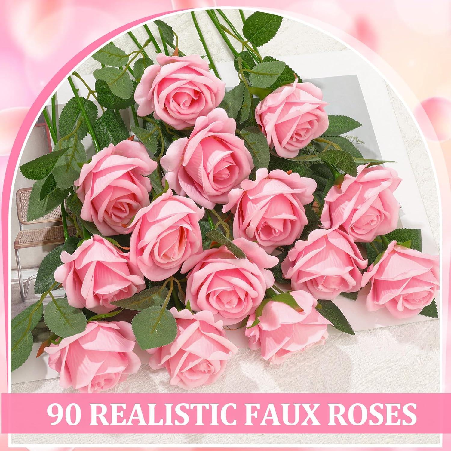 90 Pcs Pink Velvet Rose Artificial Flowers With Long Stems, Fake Silk Roses Real Touch Fake Roses Florals For Birthday Wedding Bouquet Party Arrangement Decorations