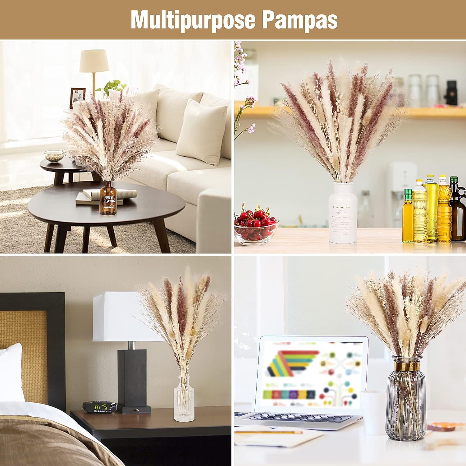 N&T Neting Dried Pampas Grass Decor- White Pampas Grass, Brown Pampas, Bunny Tail, Reed, Fluffy Dried Pompas Grass Flower For Home Wedding Table Vase Boho Modern Decor, 75Pcs
