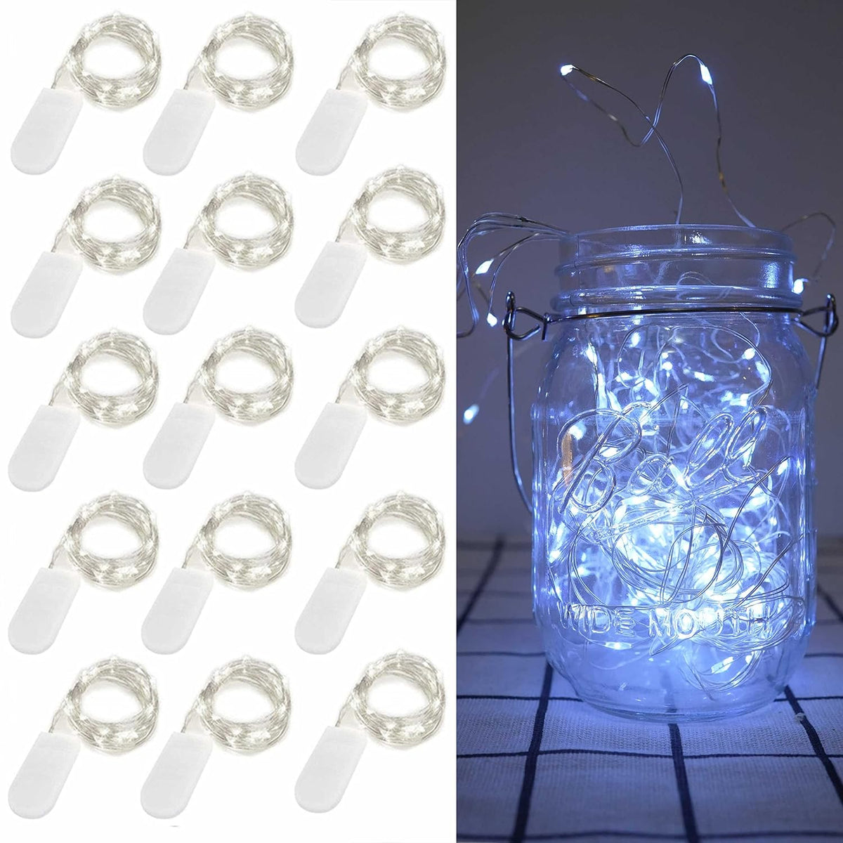 15 Pack Fairy Lights Battery Operated, 6.6Ft 20 Led Mason Jar Lights Silver Wire Waterproof Firefly Mini Led String Ligh