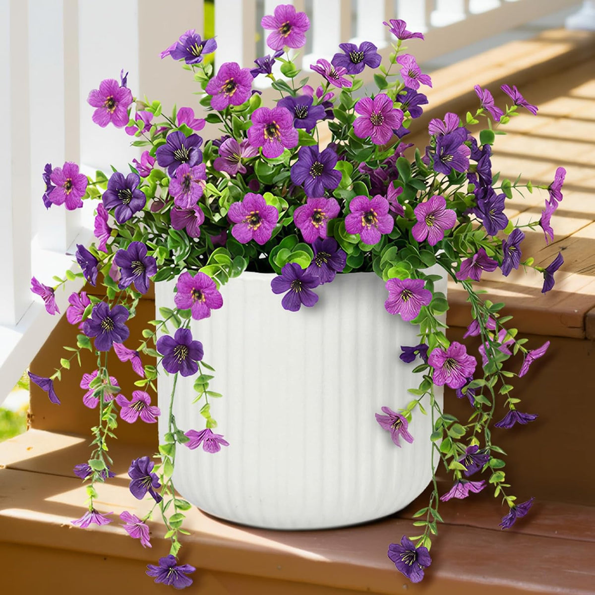 Artificial Hanging Daisy Flowers, Uv Resistant Plastic Fake Flowers For Outdoor Indoor Garden Porch Patio Balcony Decor, 2 Upright Stems + 2 Hanging Vines Combo, Double Purple