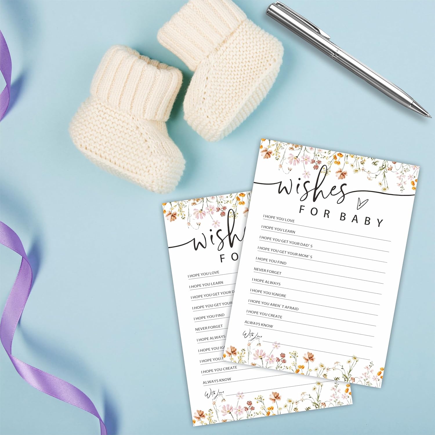 Wishes For Baby Game Kit For Baby Shower - Floral, Wild Flower Spring Theme - 30 Fill In Game Cards & 1 Answer Card For Baby Shower, Funny Gender Reveal Party Favor, Activity & Supplies - B05