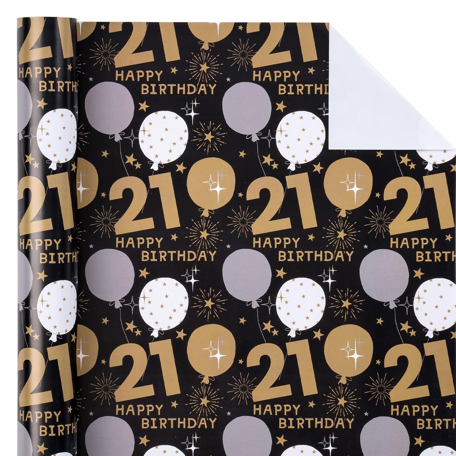 21St Birthday Wrapping Paper - Mini Roll - 17 Inch X 33 Feet - Black Gold Balloon Design For Birthday, Party, Holiday