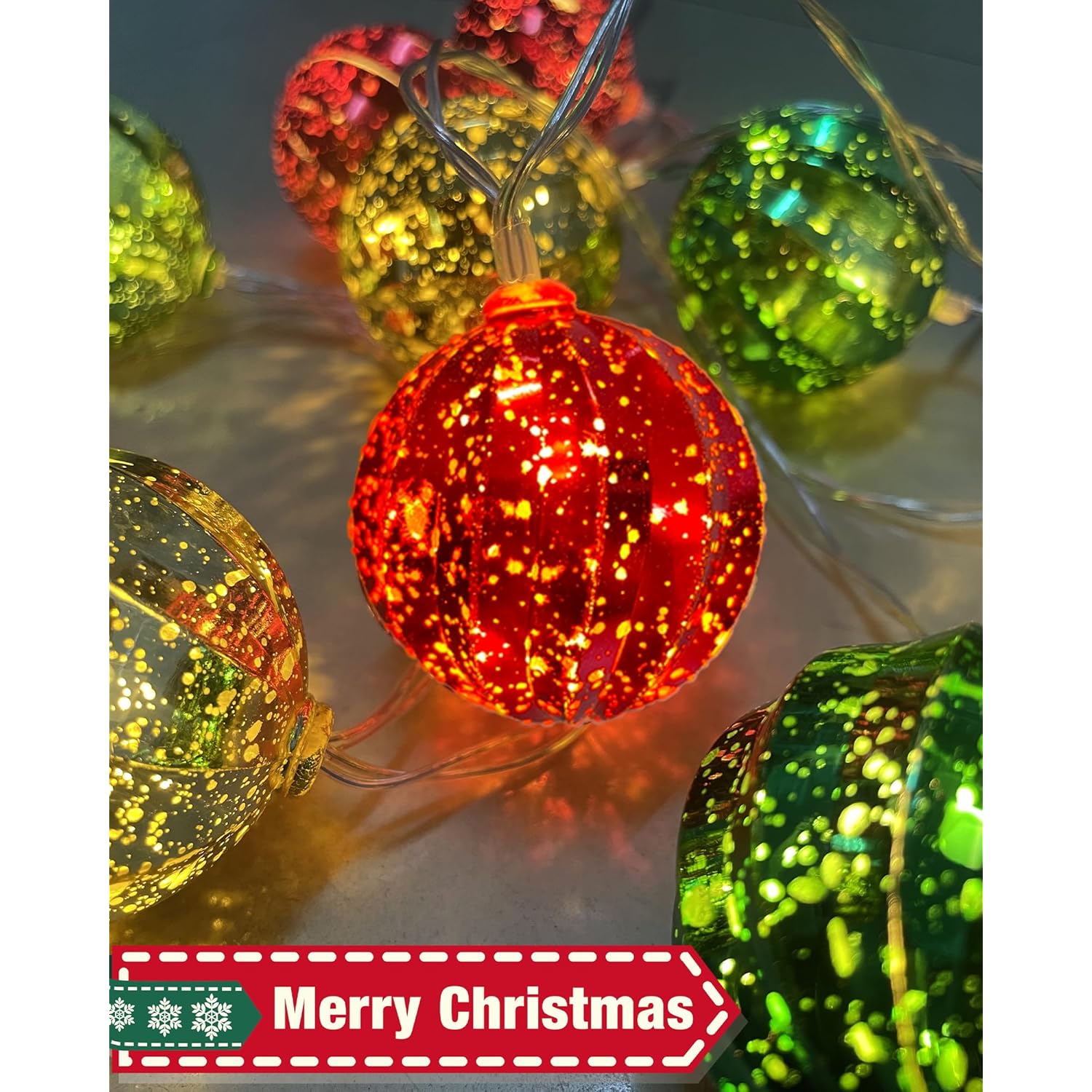Battery Powered Christmas Lights 6.8Ft 10 Led Red Gold Green Globe String Lights With Timer, Color Christmas Tree Decora