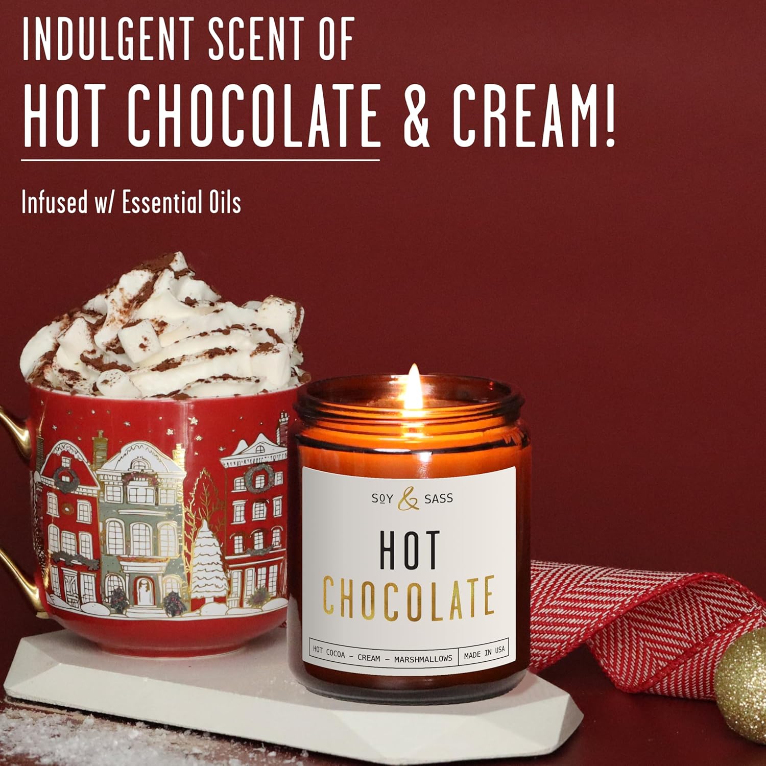 Hot Chocolate Candle - W/Hot Cocoa And Cream Candle I Infused With Scented Essential Oils I 9Oz Reusable Jar, Long-Lasting 50 Hour Burn I Non-Toxic I Made In The Usa