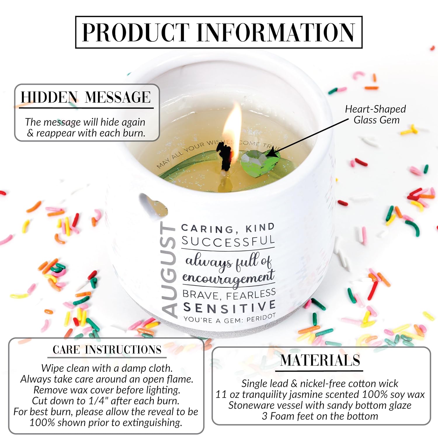Pavilion Gift Company - August 11 oz Wax Reveal Candle, Natural Soy Wax Birthstone Candle, Jasmine Scented, Gemstone Candle with Crystal Inside, Birthday Gifts for Women, 1 Count