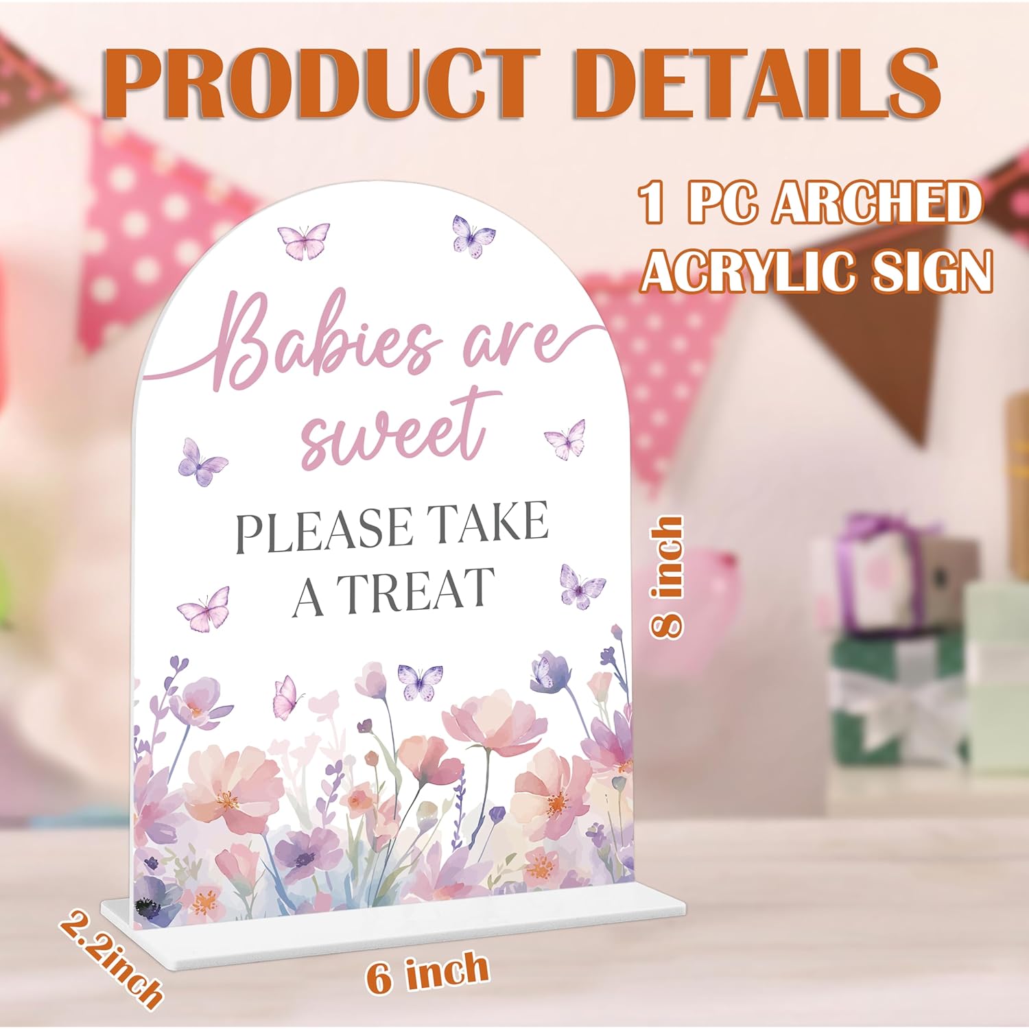 Babies Are Sweet Please Take A Treat Sign - Butterfly Baby Shower Sign, 1 Pack Arch Acrylic Sign With Stand, Gender Reveal Party Table Decor, Purple Butterfly Baby Shower Supplies (Se08)
