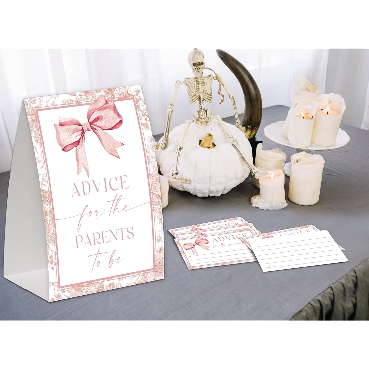 Advice For The Parents To Be Sign And 50 Baby Predictions And Advice Cards, Pink Bow Baby Shower Decorations, Advice For New Parents, Baby Shower Ideas, Gender Reveal Party Favors