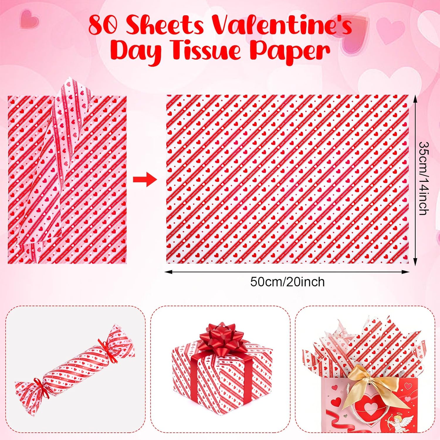 80 Pcs Valentines Tissue Paper Bulk 14 X 20 Inches Red Heart Tissue Paper For Gift Wrapping Diy Crafts Valentine'S Day Weddings Holiday Party Decor
