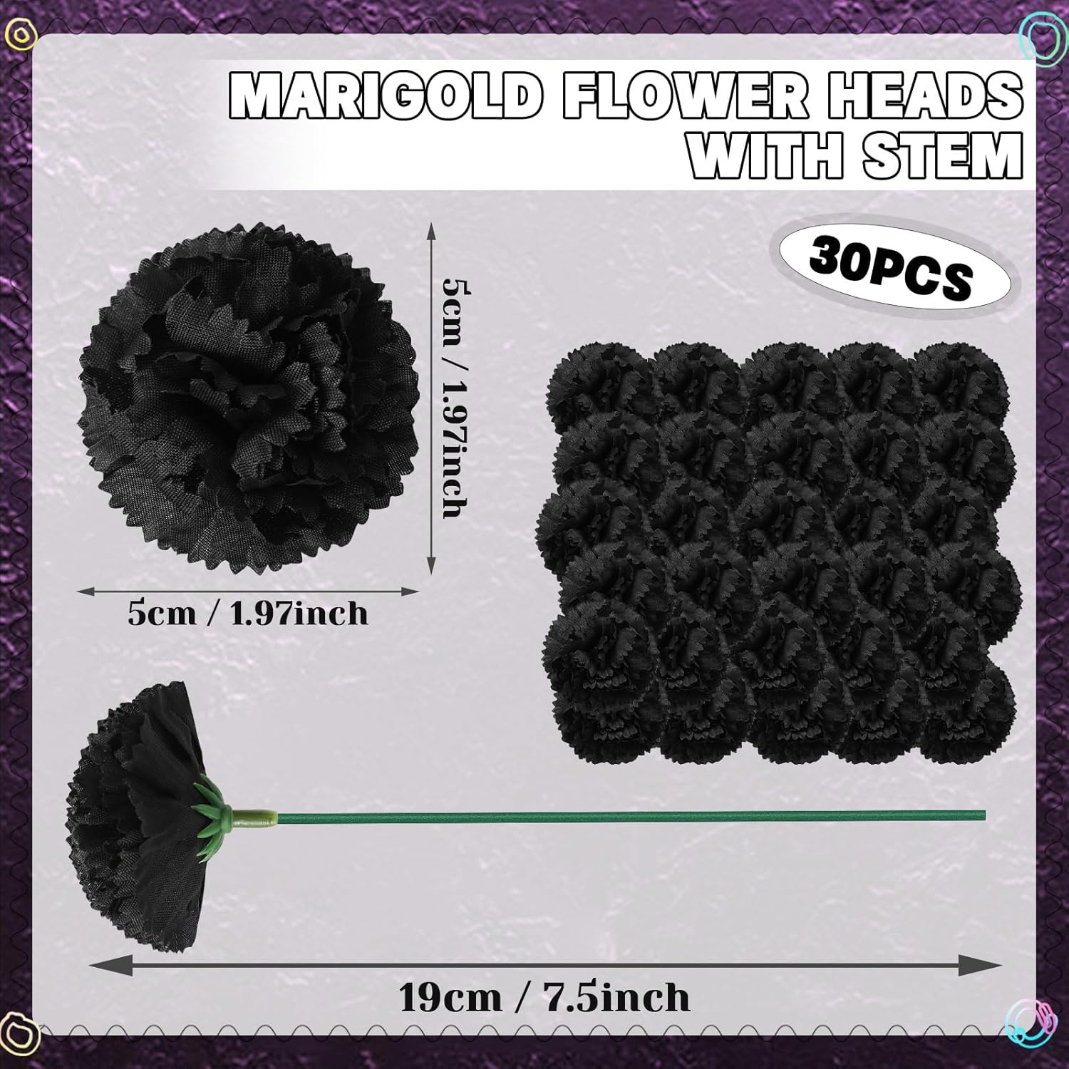 30 Pcs Marigold Flower Heads Bulk, Mexican Black Artificial Marigold Flowers For Day Of The Dead Decorations Diy Wreath Garland Craft Indian Diwali Dia De Los Muertos Halloween Home Decor