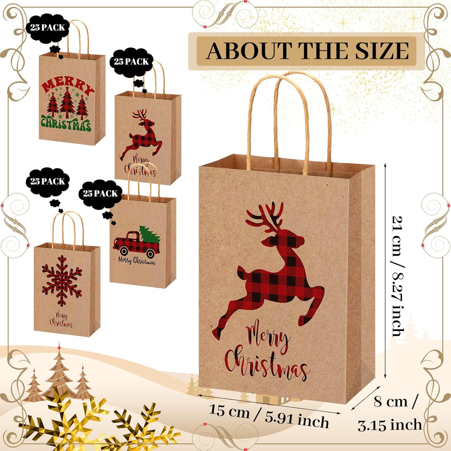 100 Pcs Christmas Kraft Gift Bags Bulk Xmas Holiday Paper Gift Bags With Handle Plaid Candy Treat Party Favor Bag For Christmas New Year Presents Wrapping Party Favor Supplies Decor