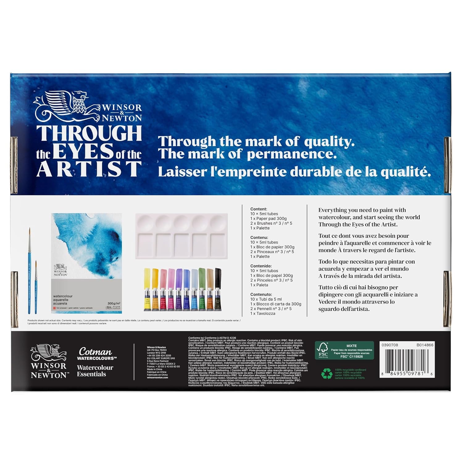 Winsor & Newton Cotman Watercolour Paint, Set of 10 x 5ml Tubes (includes 2 Brushes, Pad, Palette)