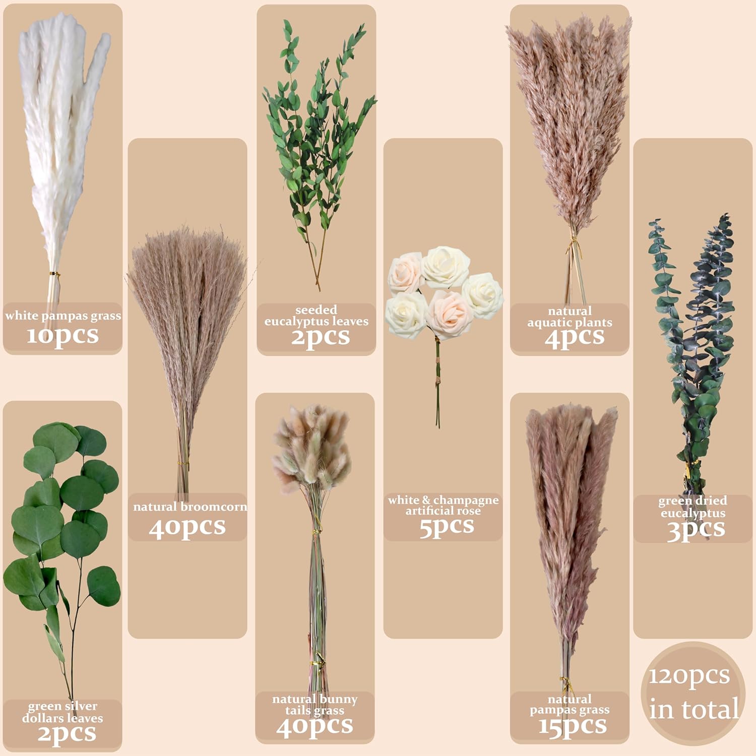 120Pcs Artificial Roses & Natural Pampas Grass, 17" Boho Mixed Dried Flower Bouquet For Vase, Table, Living Room, Home Decor, Wedding, Floral Arrangements, Xmas Flowers Gifts