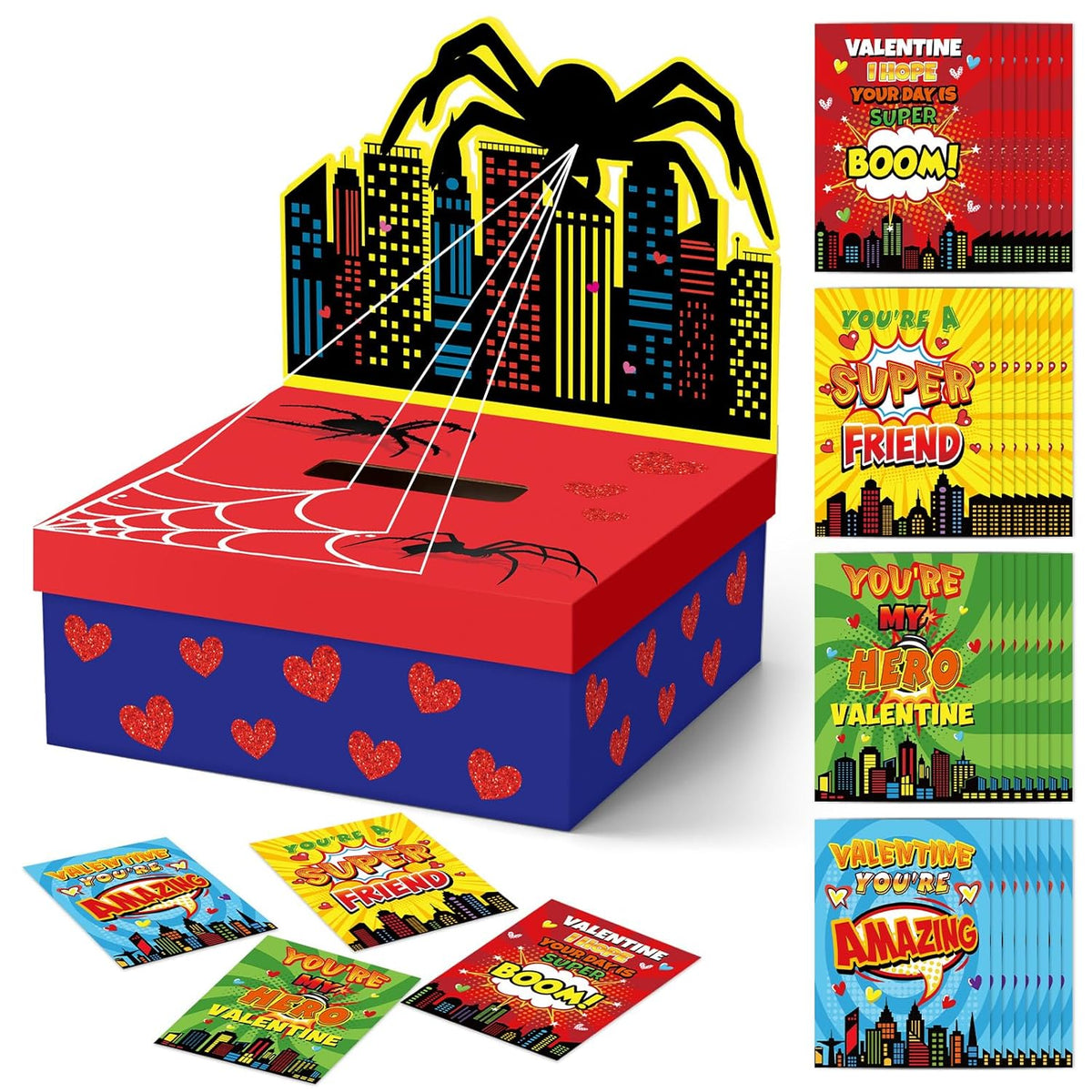 Valentines Day Mailbox Diy Spider Boxes With 32 Greeting Cards Valentine'S Day Table Box Gift For Party Favor Sets For School Classroom Gifts Exchange