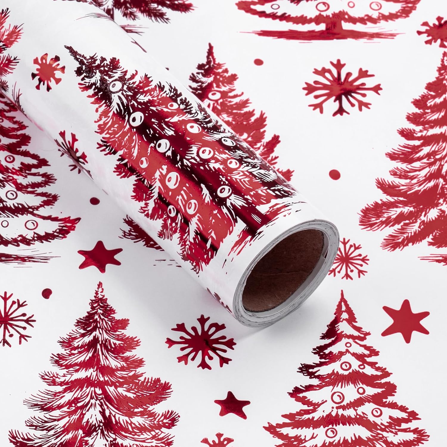 Christmas Wrapping Paper Roll - Mini Roll - Red Foil Christmas Tree Pattern Great For Holiday Gifts, Party And More - 17 Inches X 16.5 Feet