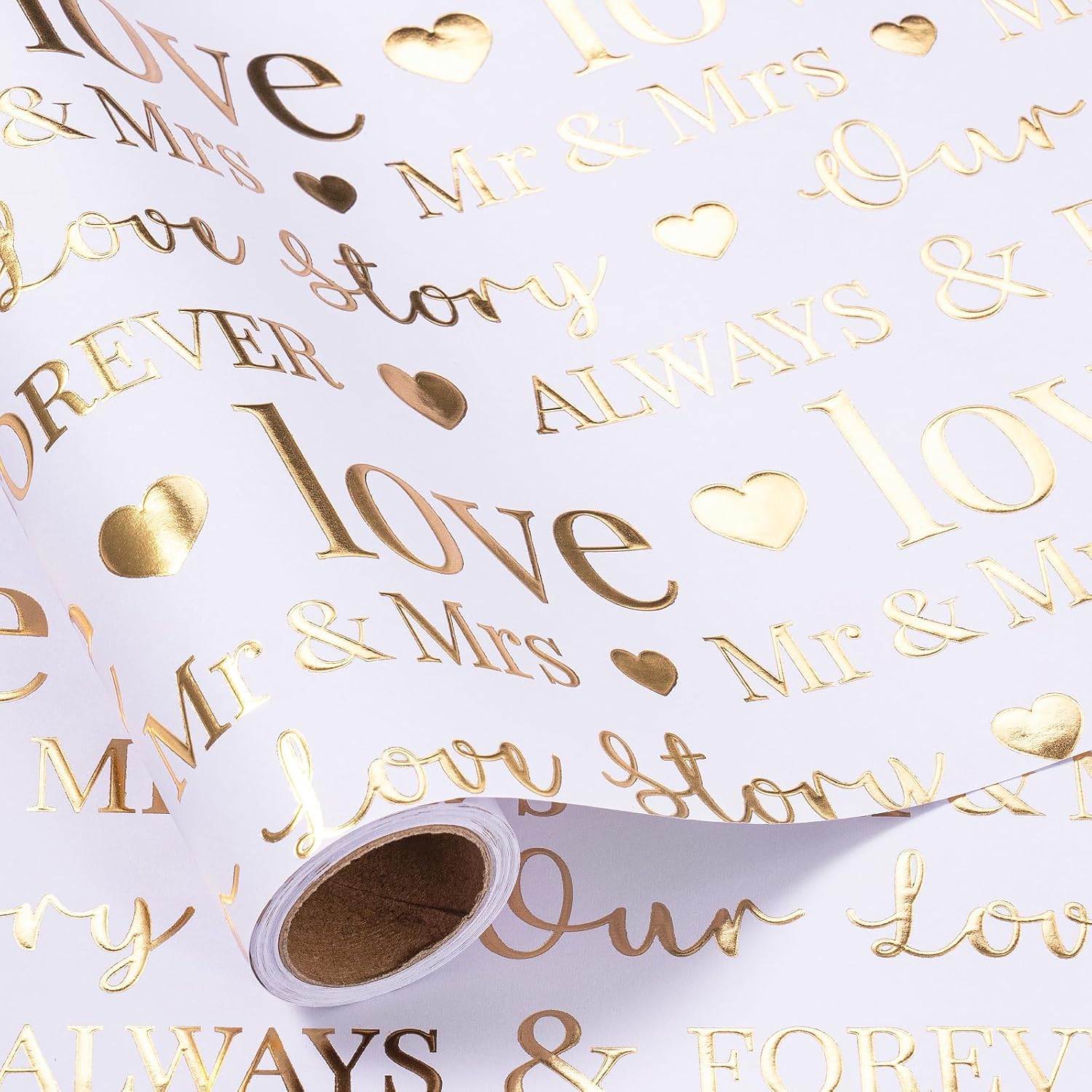 Wrapping Paper Roll, Bridal Shower Gift Wrap, Mini Roll, 17 Inches X 16.5 Feet, White And Gold Foil Love Design For Wedding, Anniversary, Engagement