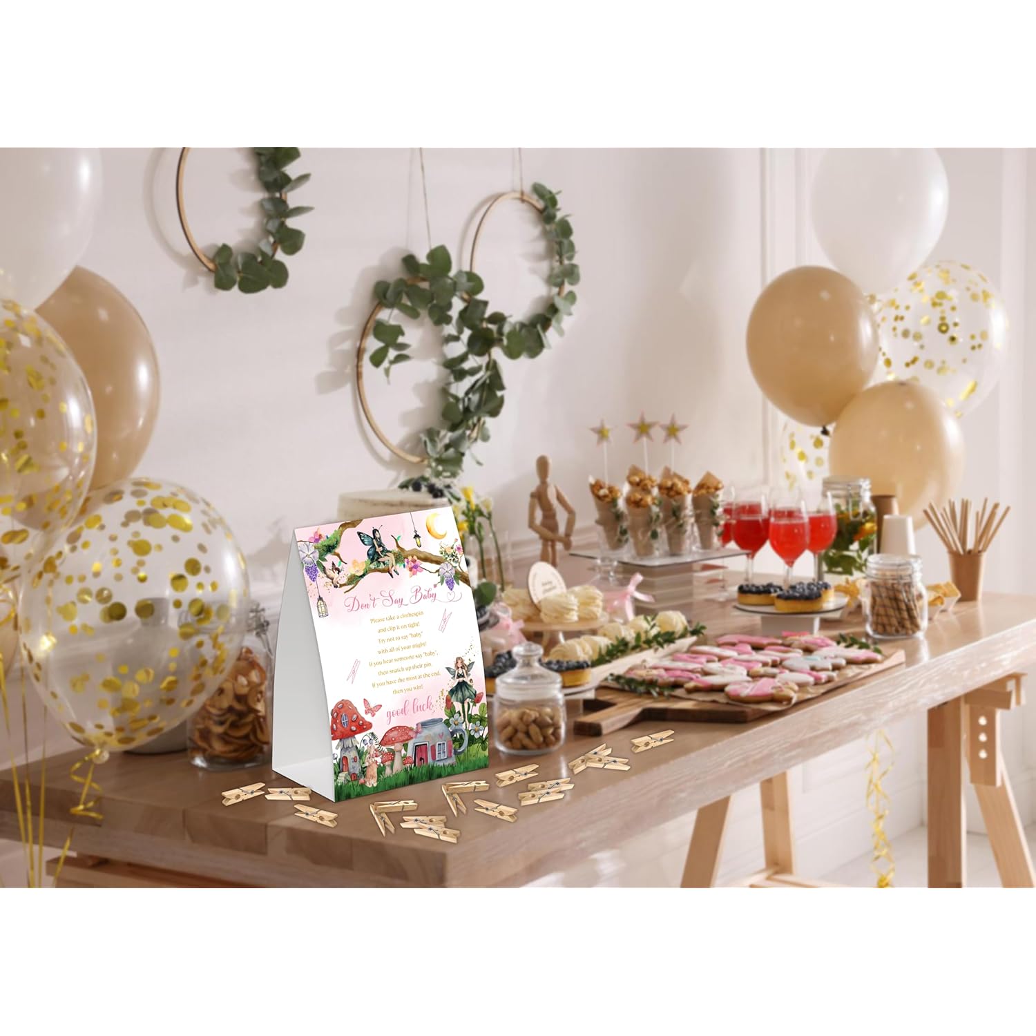 Fairy Don'T Say Baby Game For Baby Shower, Pack Of One 5X7 Sign And 50 Mini Natural Clothespins, Baby Shower Decoration, Gender Neutral Party Supplies - Sc16