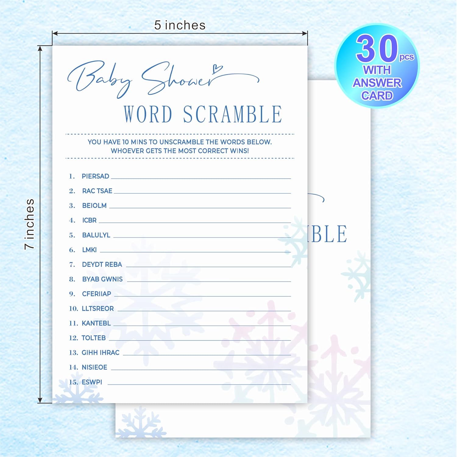 Baby Shower Word Scramble Game Kit, 30 Double Sided Fill-In Winter Snowflakes Cards With Answer Card - Holiday Party Favor & Decorations, Gender Reveal Game & A07