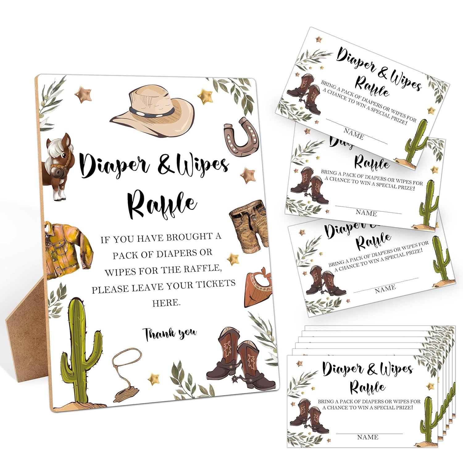 Diapers Wipes Raffle, Cowboy Diaper Raffle Tickets For Baby Shower, 1 Wooden Sign With 50 Diaper Raffle Cards, Game Activity For Baby Shower, Gender Reveal Party Favors Decorations