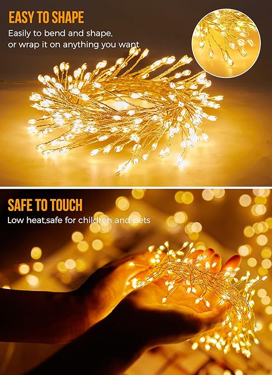10FT 120 LED Battery Operated Fairy Lights Firecracker String Lights Waterproof Silver Wire for Wedding Garden Christmas Decor