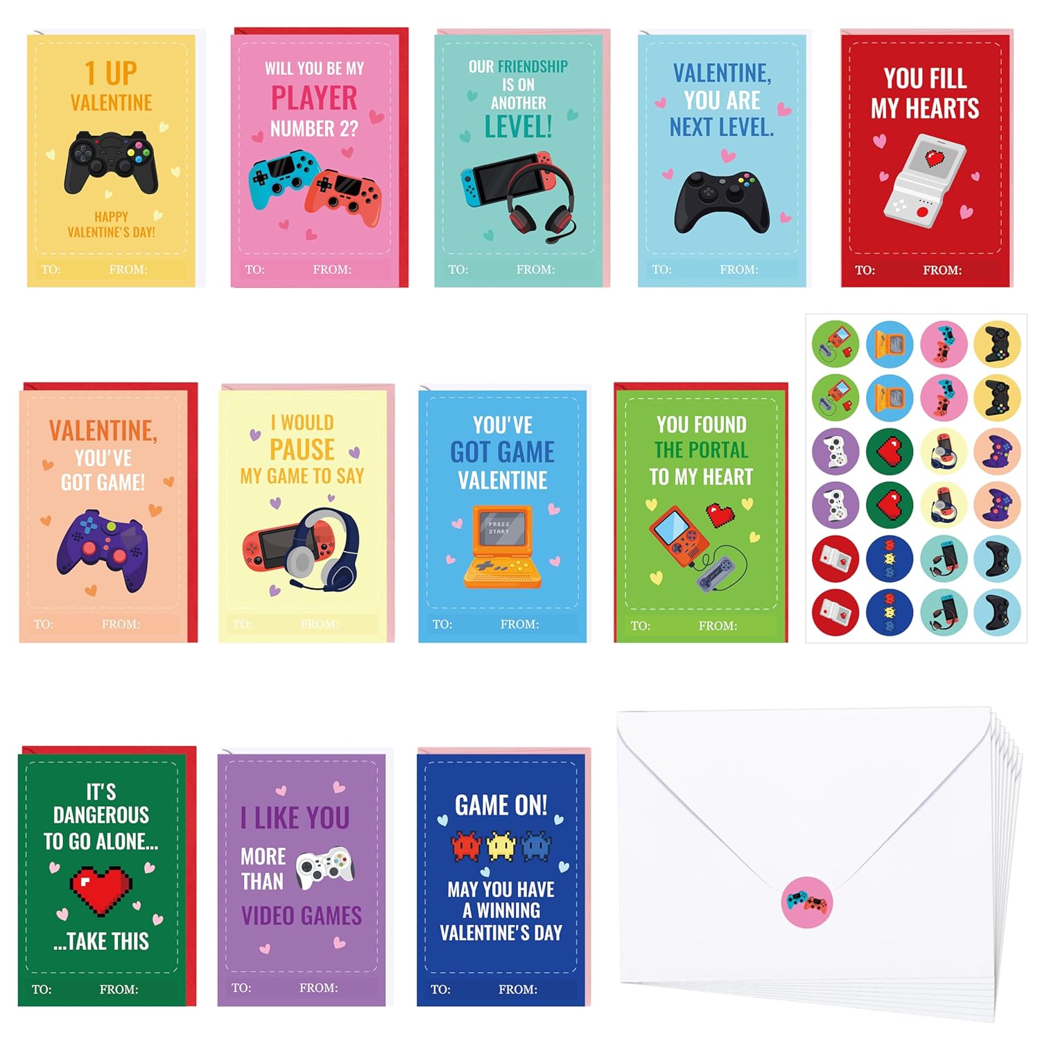 144Pcs Valentines Day Cards For Kids Includes 48 Video Game Theme Greeting Cards 48 Red Pink White Envelopes 48 Cute Stickers For School Classroom Exchange Gifts For Girls Boys Party Favor