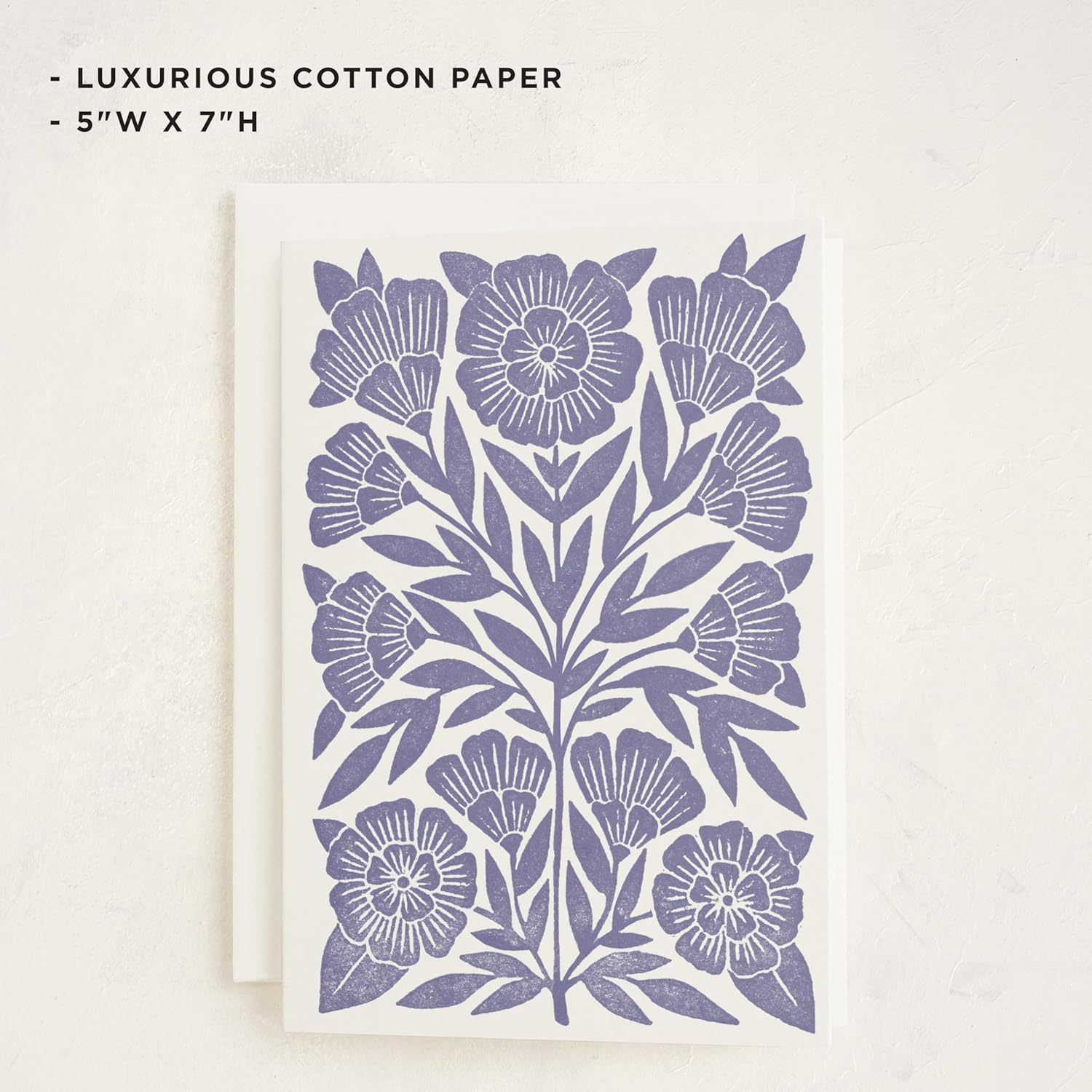 Block Print Floral Blank Card For Any Occasion, Botanical Linocut Illustration Note Card, Premium 5X7 Blank Greeting With Envelope, Classic Blue Flower Design For Thank You Sympathy Thinking Of You Valentine'S Day