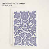 Block Print Floral Blank Card For Any Occasion, Botanical Linocut Illustration Note Card, Premium 5X7 Blank Greeting With Envelope, Classic Blue Flower Design For Thank You Sympathy Thinking Of You Valentine'S Day