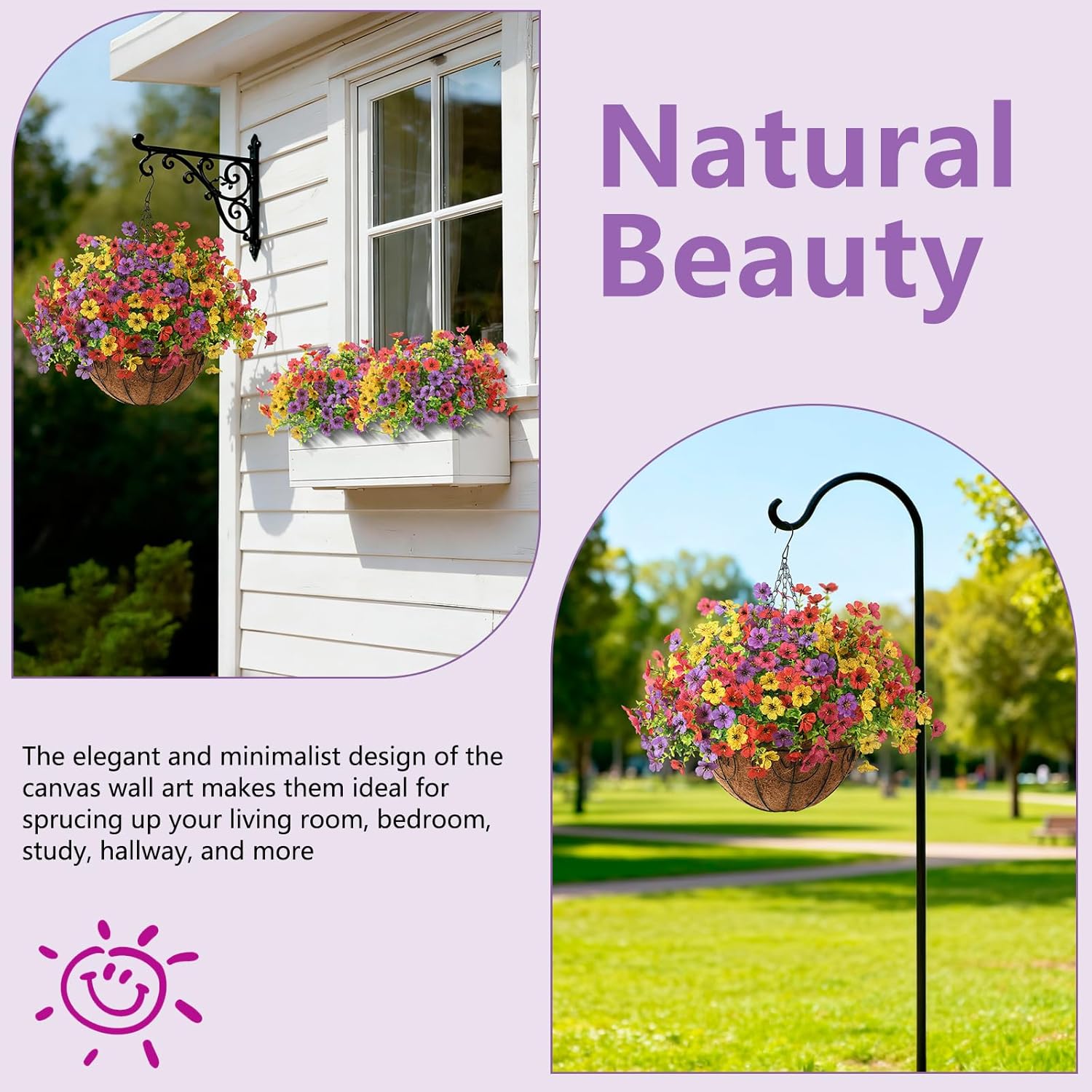 Artificial Flowers Hanging Baskets, 12 Bundles Faux Flower Outdoor Hanging Basket Spring Summer Decoration, Fake Flowers Plants For Porch Patio Balcony Home Yard Decor