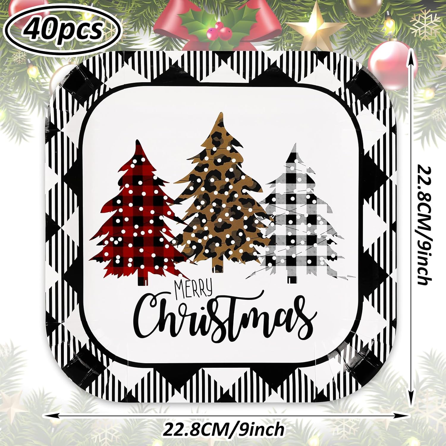 40Pcs Merry Christmas Paper Plate Square Plaid Xmas Tree Disposable Plate White Black Checkered Dinnerware Plate 9 Inch For Winter Party Supplies Table Decor