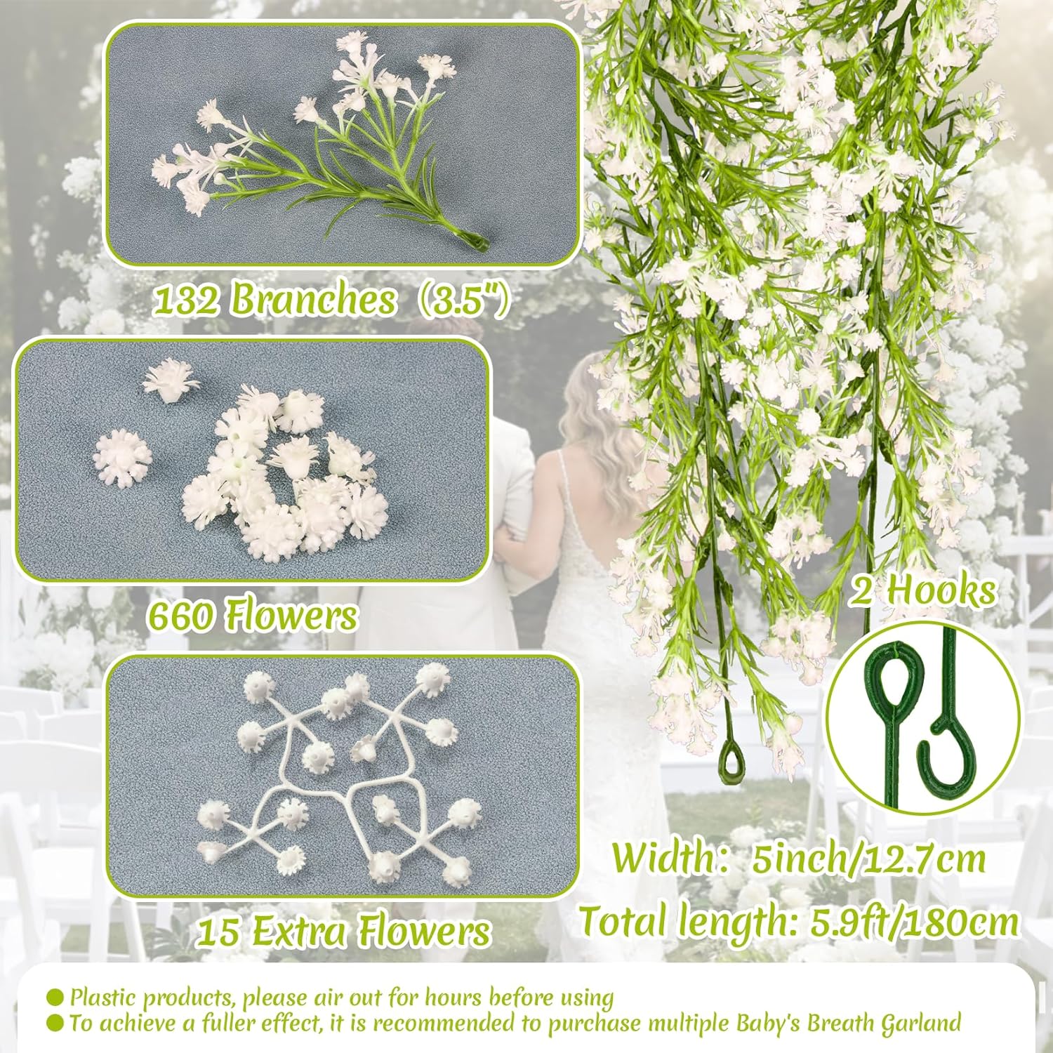 5.9Ft Babys Breath Artificial Flowers Garland - 1Pcs Lush Baby Breath Flowers Artificial Bulk Vines, White Flower Garlands For Wedding Arch Party Fireplace Backdrop Indoor Outdoor Decor