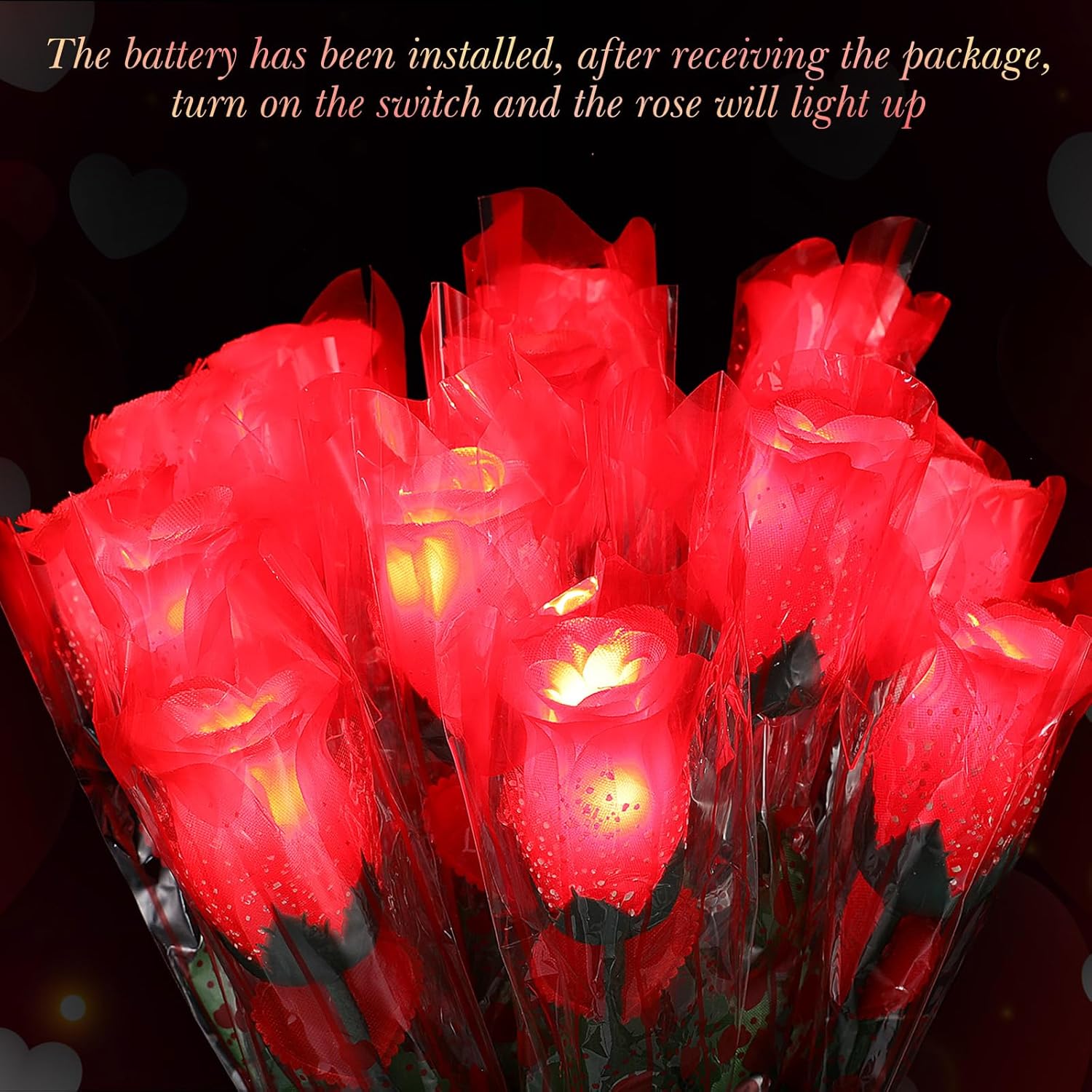 24 Pcs Rose Flower Lights Red Artificial Valentine'S Day Glowing Light Up Rose Single Stem Realistic Faux Silk Flower Bouquet For Valentine Wedding Birthday Bridal Shower Decor