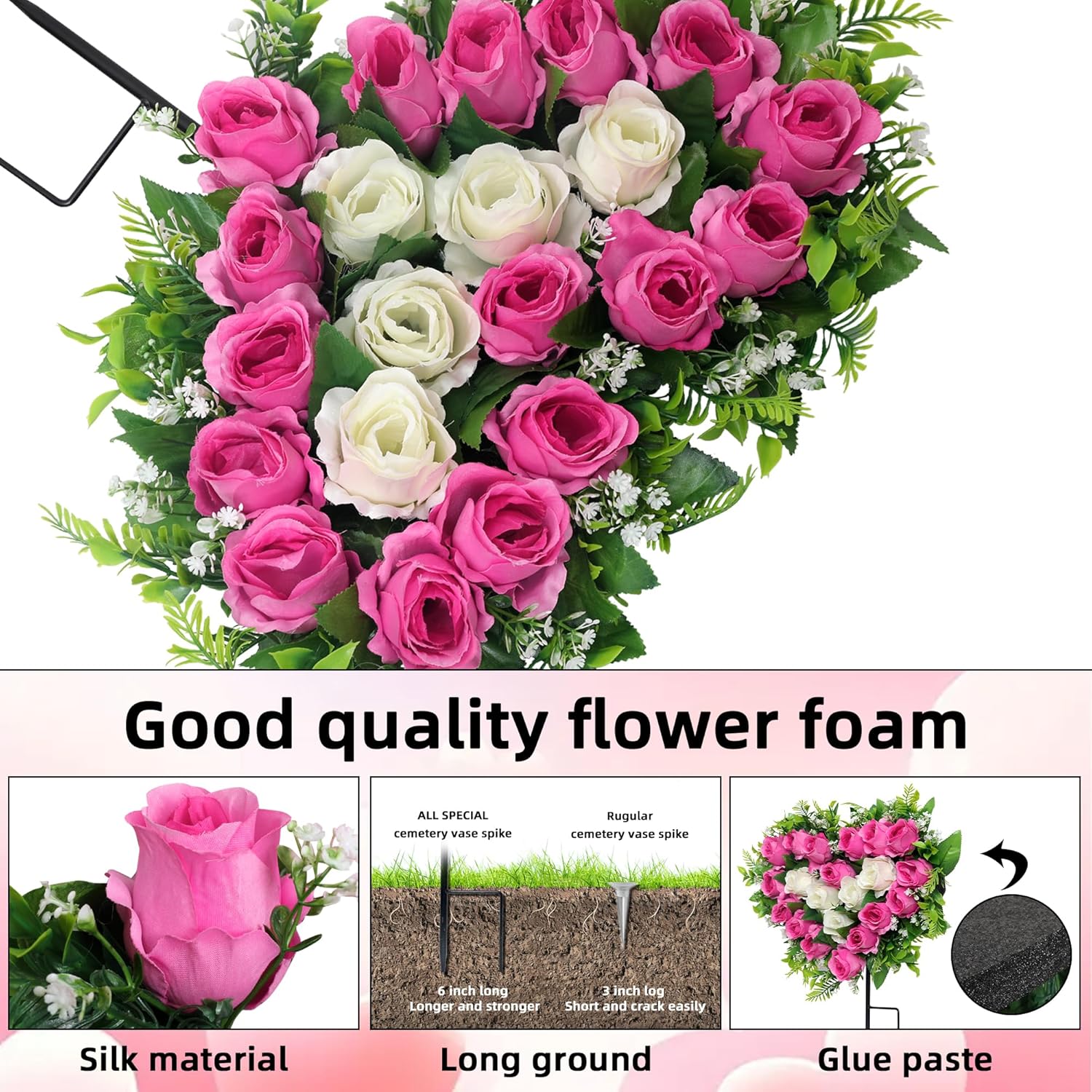 2 Sets Artificial Cemetery Flowers, Grave Memorial Flowers With Ground Spike,Heart Shaped Wreaths Rose Flowers For Artificial Rose Decoration For Cemetery Headstones Gravesites (Pink)