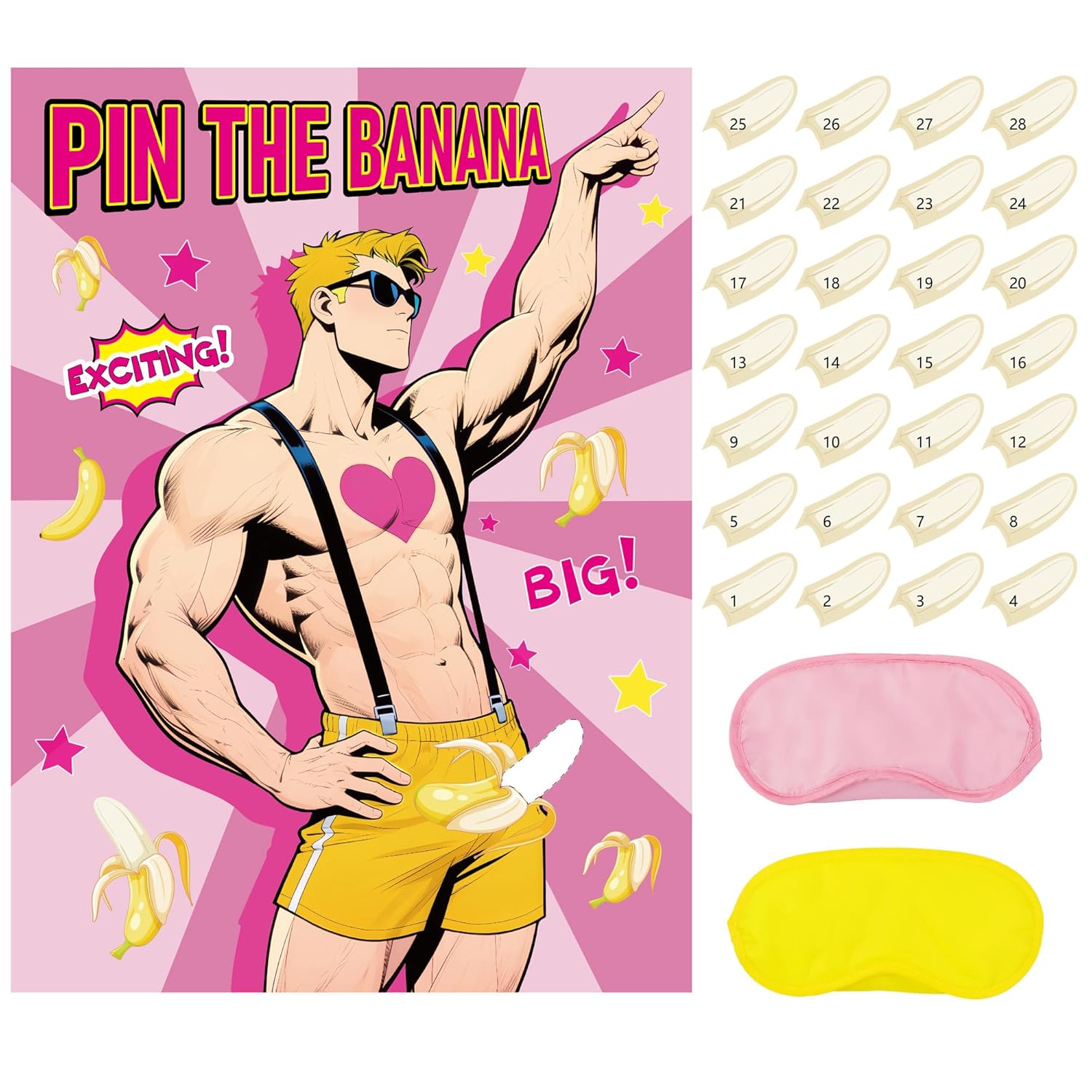 Bachelorette Party Games Pin The Banana On The Hunk Game Large Poster With 28Pcs Banana Stickers For Girls Night Wedding Engagement Party