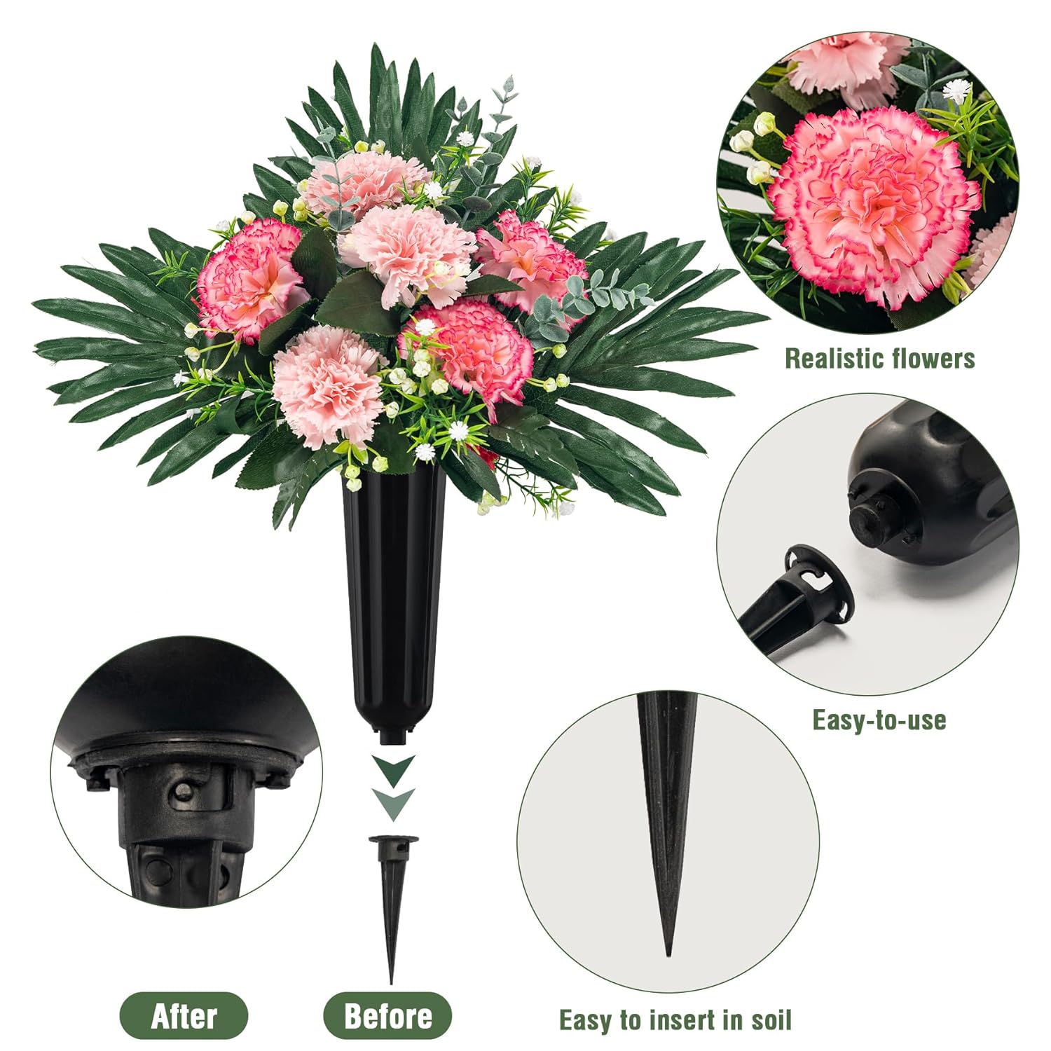 Fake Flowers Cemetery Vases For Grave Artificial Flowers For Cemetery Plastic Flowers For Outdoors Headstone Saddle For Grave Holiday Flowers Christmas Decorations(Pink 2Pcs)