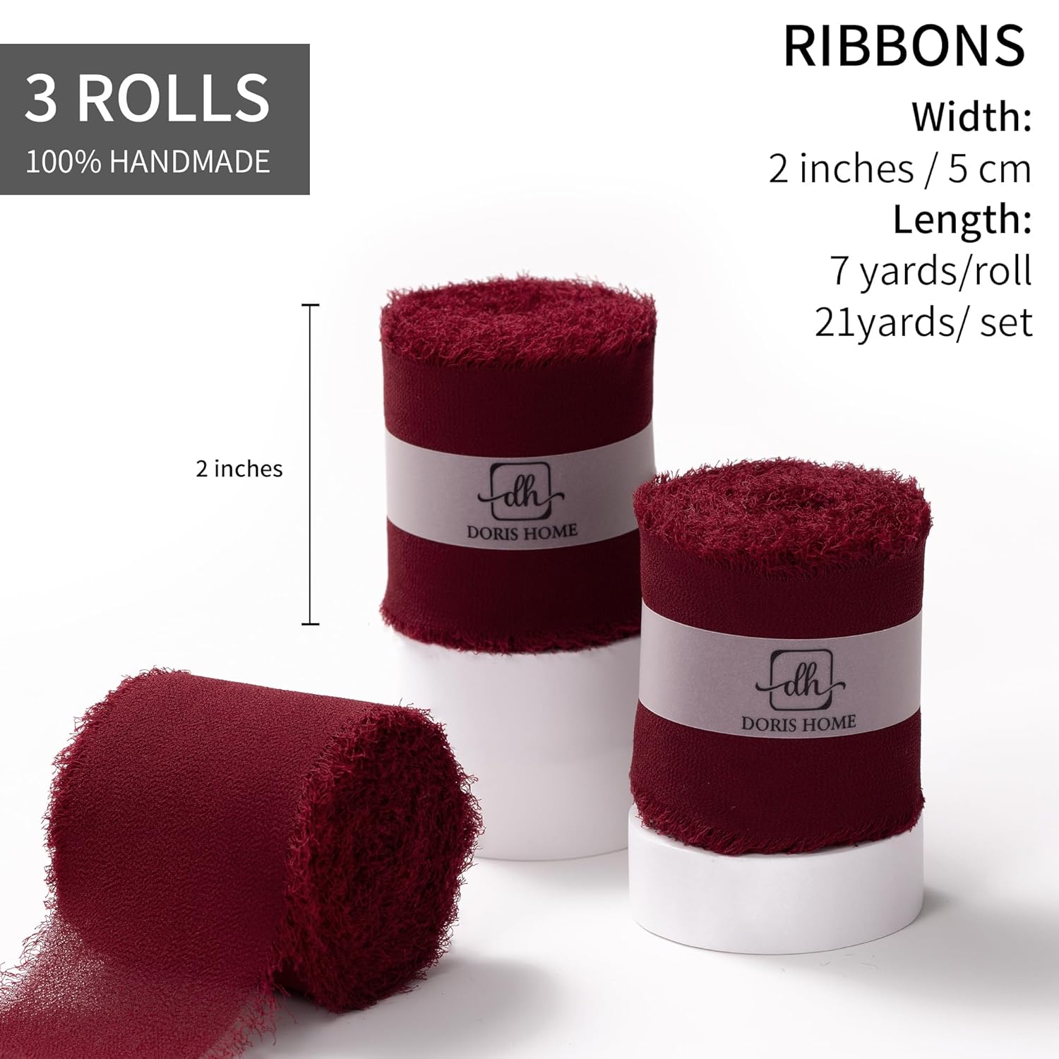 Burgundy Chiffon Ribbon For Flower Bouquet, 2" X21Yd Fabric Ribbon For Gift Wrapping, Handmade Frayed Ribbon For Wedding, Chiffon Silk Ribbon For Christmas Decorations