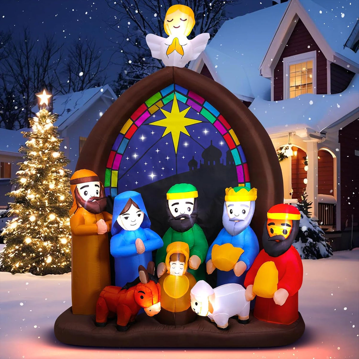 8Ft Christmas Inflatables Nativity Scene Outdoor Decorations With Led Lights, Large Christmas Jesus Blow Up Yard Decorat